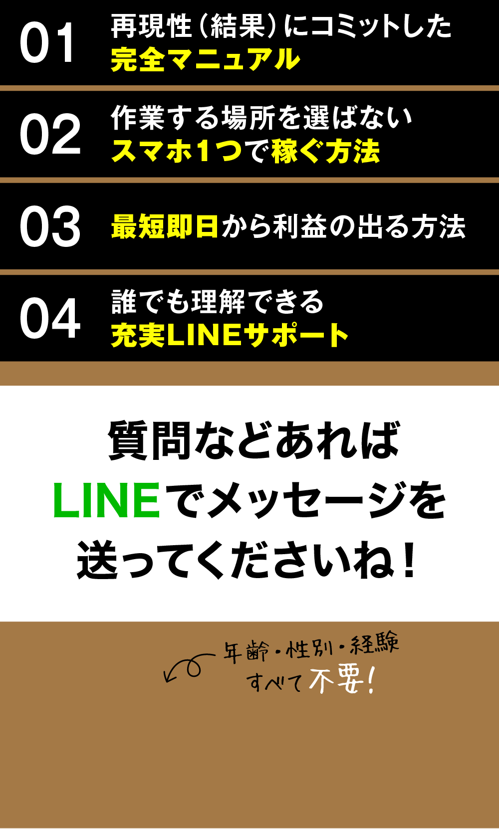 スマビジ™があなたに無料で提供するもの01：再現性(結果)にコミットした完全マニュアル
02：作業する場所を選ばないスマホ1つで稼ぐ方法
03：最短即日から利益の出る方法
04：誰でも理解できる充実LINEサポート質問などあればLINEでメッセージを送ってくださいね！
年齢・性別・経験すべて不要！
誰でもできる！